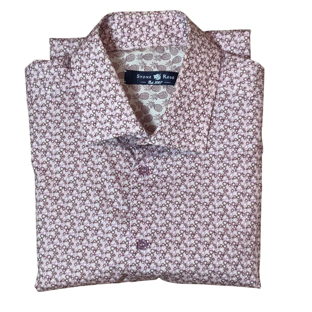 Stone Rose Mens Short Sleeve Button Down Shirt Pink Floral Geometric SMALL‎